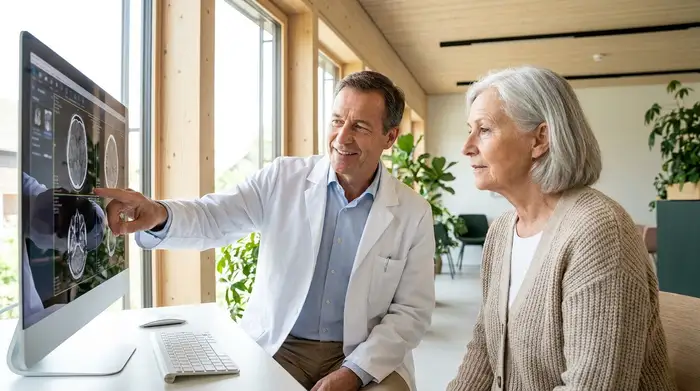 Ein freundlicher Arzt in weißem Kittel bespricht in einem hellen, modernen Sprechzimmer Untersuchungsergebnisse mit einer älteren Patientin. Beide wirken konzentriert und ruhig.