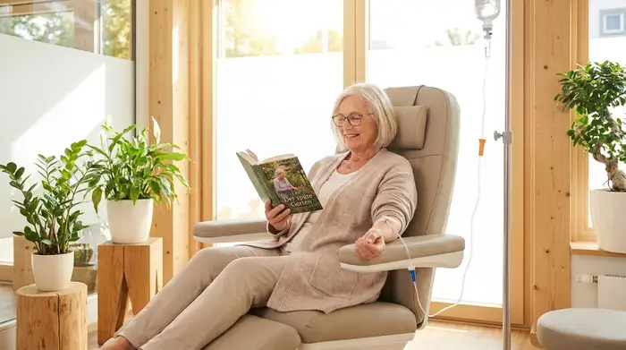 Eine entspannte ältere Dame sitzt in einem komfortablen Behandlungsstuhl in einer hellen Klinik und liest ein Buch, während sie eine intravenöse Infusion erhält.