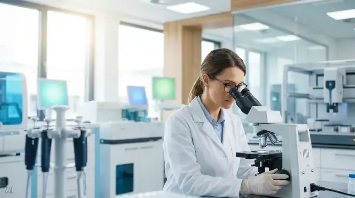 Ein hochmodernes, helles Labor mit einer Wissenschaftlerin in einem weißen Kittel, die konzentriert durch ein Mikroskop schaut. Im Hintergrund sind unscharfe medizinische Geräte und sanft leuchtende Bildschirme zu sehen. Saubere, professionelle Umgebung.