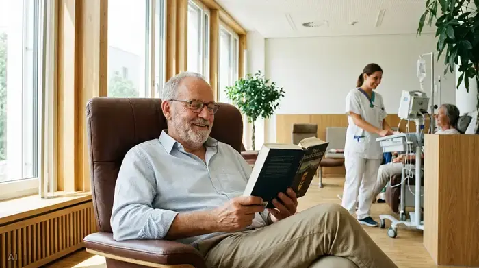 Ein entspannter älterer Herr liest ein Buch, während er in einem bequemen Sessel in einer modernen, lichtdurchfluteten Tagesklinik sitzt. Eine freundliche Krankenschwester im Hintergrund kümmert sich um die medizinische Betreuung. Ruhige und sichere Umgebung.