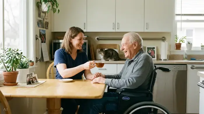 Eine fürsorgliche Pflegekraft reicht einem lächelnden älteren Mann eine Tasse Tee am Küchentisch. Die Küche ist hell, ordentlich und barrierefrei gestaltet. Eine warme, herzliche Interaktion zwischen den beiden Personen.