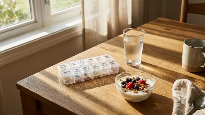 Ein ordentlich angerichteter Holztisch mit einer modernen, übersichtlichen Pillendose, einem frischen Glas Wasser und einem kleinen Schälchen Joghurt im warmen Morgenlicht.