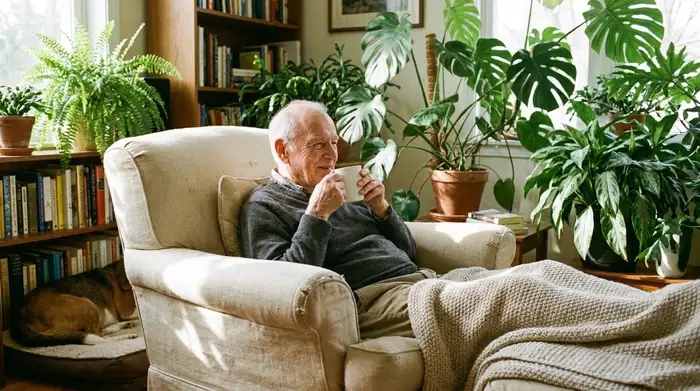 Ein älterer Herr sitzt entspannt in einem bequemen hellen Sessel und trinkt einen beruhigenden Kräutertee aus einer weißen Tasse. Freundliches Zimmer mit grünen Zimmerpflanzen.