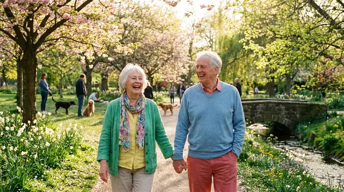 Ein fröhliches älteres Ehepaar spaziert Hand in Hand durch einen sonnendurchfluteten, grünen Park im Frühling. Glückliche Gesichter, lebendige Natur, entspannte Atmosphäre.