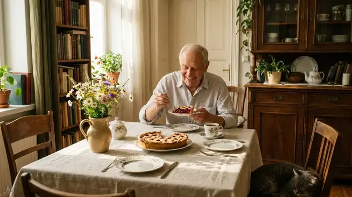 Ein älterer Herr sitzt an einem liebevoll gedeckten Esstisch und isst genüsslich ein Stück Kuchen. Die Atmosphäre ist stressfrei und harmonisch, ohne medizinische Hilfsmittel auf dem Tisch.