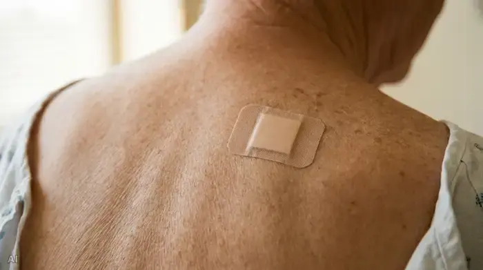 Nahaufnahme des oberen Rückens eines älteren Menschen, auf dem ein kleines, unauffälliges, quadratisches Pflaster klebt. Die Haut ist gesund und sauber. Weiches, medizinisches Licht.