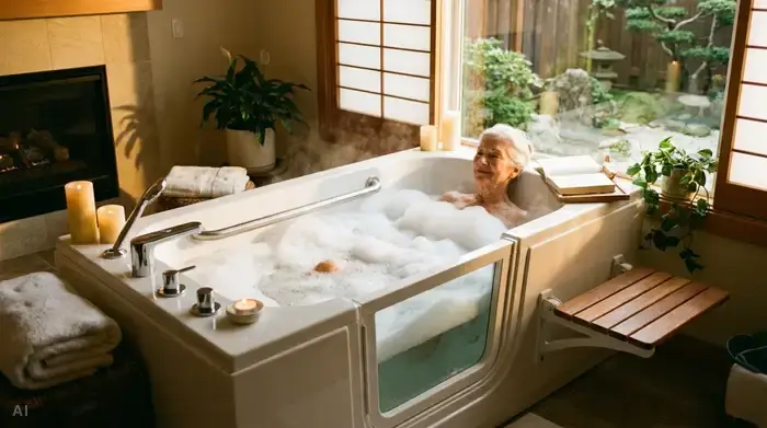 Eine ältere Dame genießt ein entspanntes, warmes Bad in einer modernen, barrierefreien Badewanne. Viel Schaum und weiches Licht sorgen für eine beruhigende Stimmung.