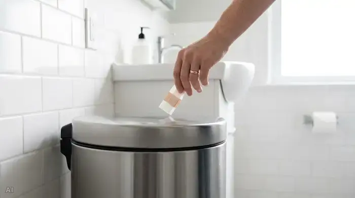 Eine Hand wirft ein ordentlich in der Mitte zusammengefaltetes, kleines Pflaster in einen blickdichten, geschlossenen Mülleimer in einem sauberen Badezimmer.