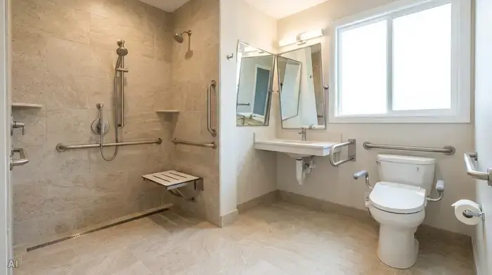 Ein helles, barrierefreies Badezimmer mit einer ebenerdigen Dusche, rutschfesten Fliesen und stabilen Haltegriffen an der Wand. Sauber, modern und sicher für Senioren eingerichtet.