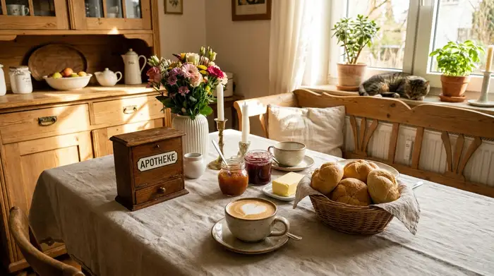 Ein liebevoll gedeckter Frühstückstisch mit einer Tasse Kaffee, frischen Brötchen und einer kleinen Medikamentenbox, helle und warme Küche, gemütliche Stimmung.