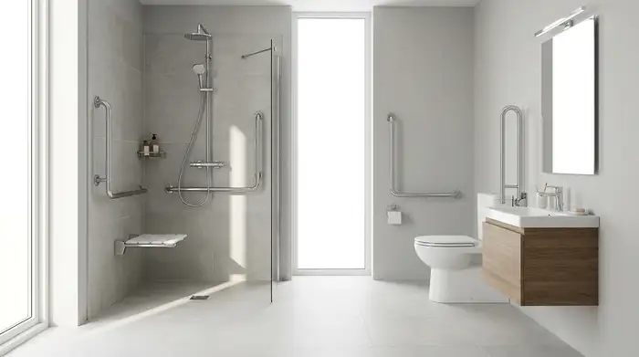 Ein modern umgebautes, barrierefreies Badezimmer mit einer ebenerdigen Dusche, stabilen Haltegriffen an den Wänden und einem rutschfesten Boden, helles Licht, klares Design ohne Text.