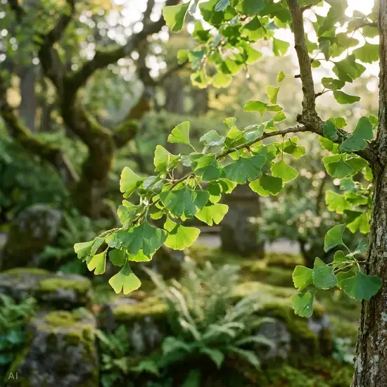 Ein detaillierter, fotorealistischer Blick auf leuchtend grüne Ginkgoblätter an einem Ast, sanft beleuchtet von der Morgensonne in einem friedlichen Garten, mit weichem Bokeh im Hintergrund.