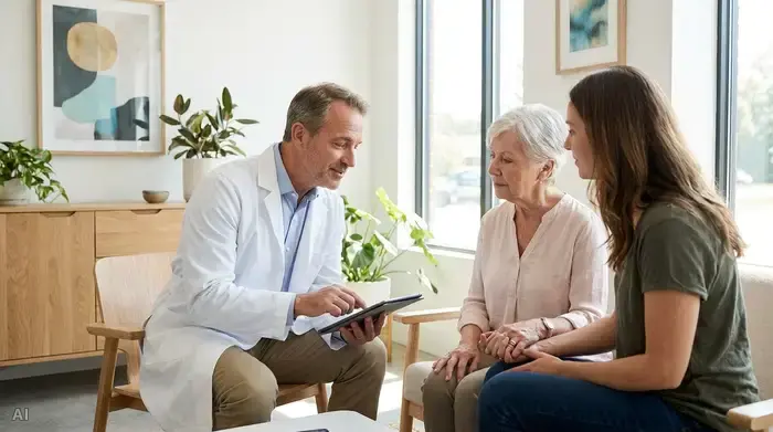 Ein empathischer Arzt in einem weißen Kittel sitzt im Gespräch mit einer älteren Patientin und deren Tochter in einer modernen, hellen Praxis. Der Arzt erklärt ruhig und freundlich die nächsten Behandlungsschritte.