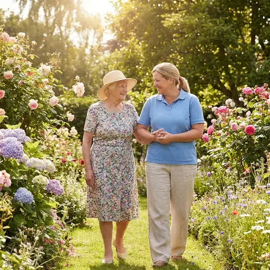 Eine ältere Dame und eine freundliche Pflegekraft spazieren an einem sonnigen Nachmittag durch einen blühenden Garten. Beide lächeln und genießen die frische Luft und das helle Tageslicht.