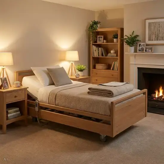Ein gemütlich eingerichtetes Schlafzimmer für Senioren mit einem modernen, unauffälligen Pflegebett. Eine gefaltete, dicke Therapiedecke liegt ordentlich am Fußende, während warmes Licht den Raum erhellt.