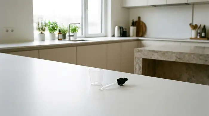 Eine saubere, weiße Arbeitsfläche in einer modernen Küche. Ein kleiner, leerer Medikamentenbecher und eine gläserne Tropfpipette liegen ordentlich bereit, sanft beleuchtet vom Tageslicht.