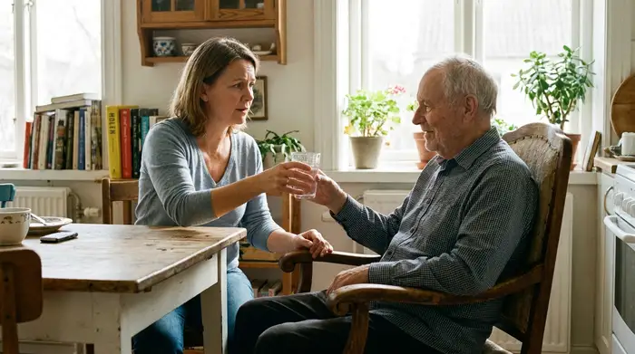 Eine besorgte, aber liebevolle Tochter reicht ihrem älteren Vater ein Glas Wasser. Der Vater sitzt bequem an einem Holztisch. Eine ruhige, alltägliche und fürsorgliche Pflegesituation.