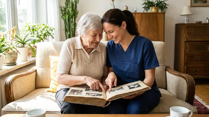 Eine ältere Dame mit Demenz betrachtet gemeinsam mit ihrer Pflegerin ein altes Fotoalbum. Beide Frauen lächeln glücklich. Ein Moment der emotionalen Verbundenheit im hellen Wohnzimmer.