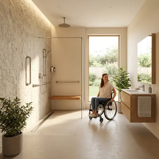 Ein modernes, helles und barrierefreies Badezimmer mit einer bodengleichen Dusche und dezenten Haltegriffen an der Wand. Sicher und einladend, ohne medizinisch zu wirken.