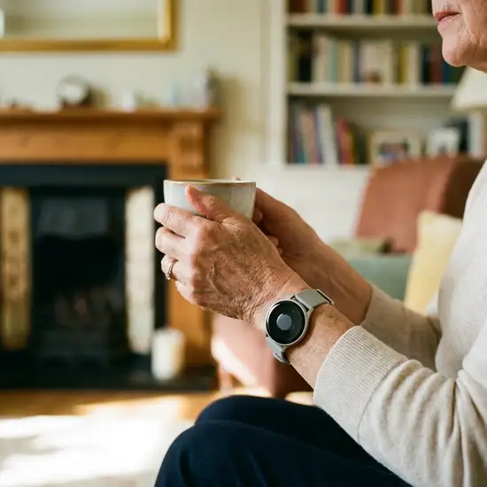 Ein unauffälliger, moderner Hausnotruf-Knopf am Handgelenk einer älteren Person, die gemütlich eine Teetasse hält. Fokus auf Sicherheit und Geborgenheit im Alltag.