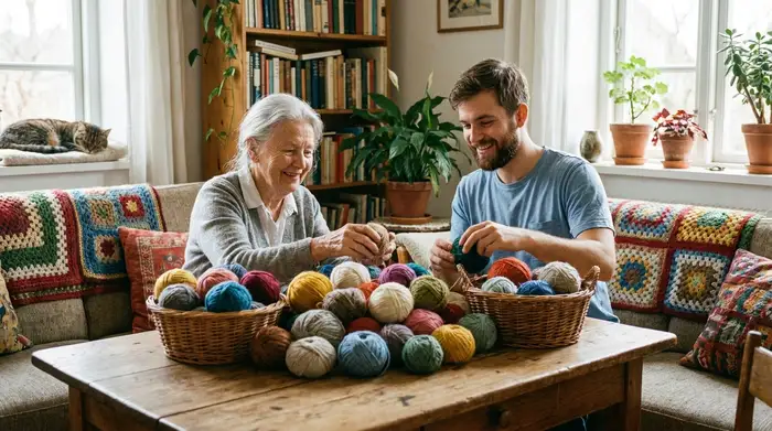 Eine ältere Dame und ein junger Pfleger sitzen gemeinsam an einem Tisch und sortieren bunte Wollknäuel. Beide lächeln entspannt. Gemütliche, häusliche Atmosphäre ohne störende Elemente.