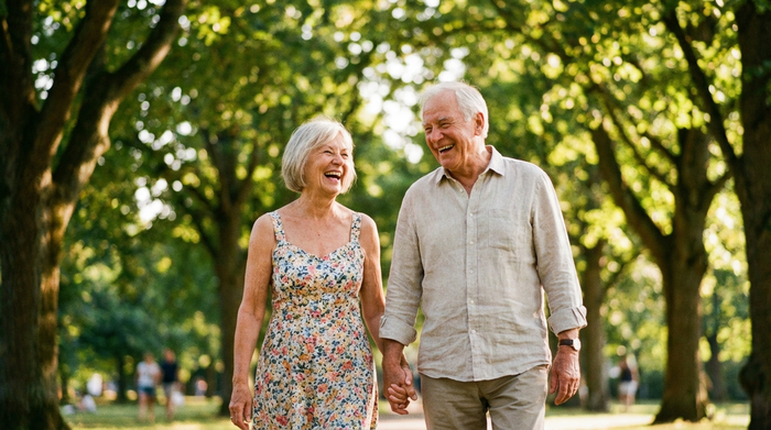 Ein fröhliches älteres Ehepaar spaziert Hand in Hand durch einen sonnendurchfluteten, grünen Park. Beide lächeln entspannt und tragen leichte Sommerkleidung. Helles, natürliches Licht, unscharfer Hintergrund.