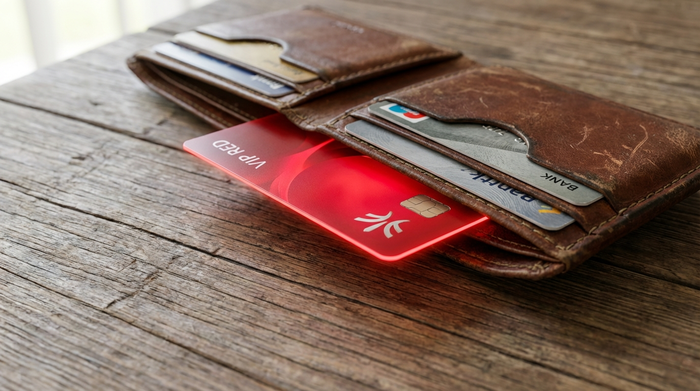 Eine geöffnete braune Lederbrieftasche liegt auf einem rustikalen Holztisch. Zwischen verschiedenen Bankkarten ragt eine auffällige, leuchtend rote Plastikkarte hervor. Sanftes Tageslicht von der Seite, hochauflösende Nahaufnahme.