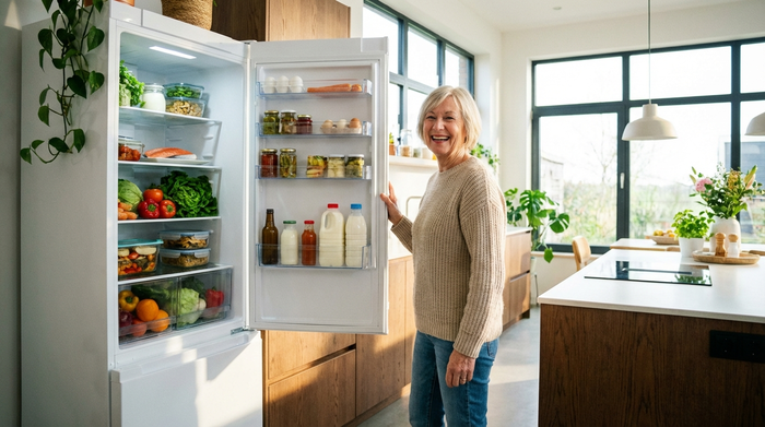 Eine rüstige Seniorin steht in einer modernen, lichtdurchfluteten Küche und öffnet einen sauberen, weißen Kühlschrank. Sie lächelt zufrieden. Im Inneren stehen frische Lebensmittel. Realistische, alltägliche Szene.