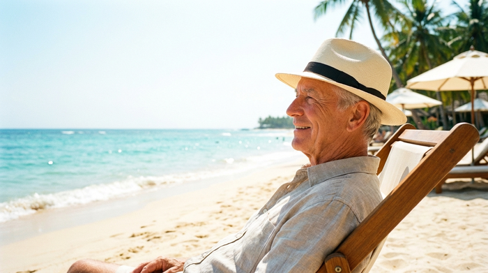 Ein älterer Herr mit stilvollem Sonnenhut sitzt entspannt in einem Liegestuhl an einem hellen Sandstrand und blickt auf das blaue Meer. Strahlender Sonnenschein, friedliche Urlaubsstimmung, klare Farben.