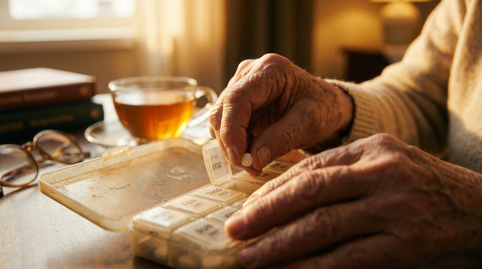 Nahaufnahme der Hände einer älteren Person, die behutsam eine kleine Pille aus einer täglichen Medikamentenbox entnimmt. Warmes, beruhigendes Licht im Hintergrund.