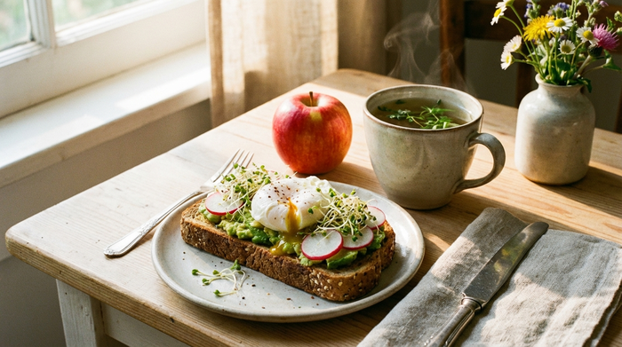 Ein gesundes Frühstück mit einem frisch belegten Vollkornbrot, einem Apfel und einer Tasse Kräutertee auf einem hellen Holztisch.