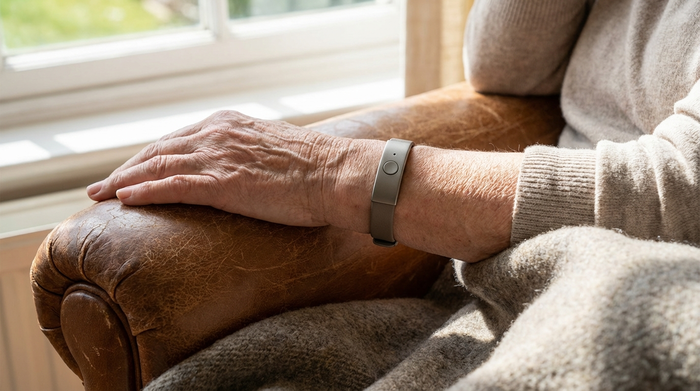 Ein diskreter, moderner Hausnotruf-Knopf am Handgelenk eines älteren Menschen, der entspannt in einem gemütlichen Sessel sitzt. Der Fokus liegt auf dem Handgelenk und vermittelt ein Gefühl von Sicherheit und Geborgenheit.