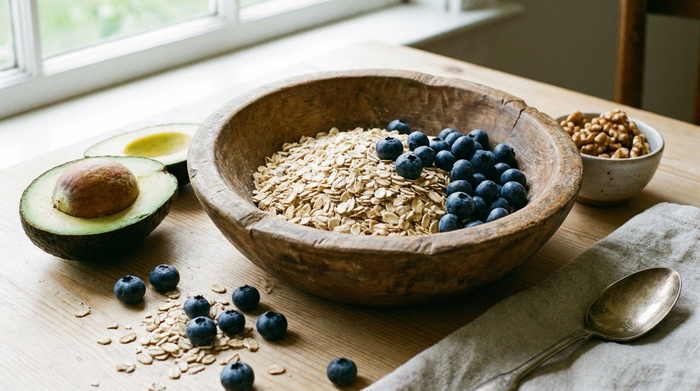 Eine rustikale Holzschale gefüllt mit kernigen Haferflocken, umgeben von frischen Heidelbeeren, einer halben Avocado und einer kleinen Schale mit Walnüssen auf einem hellen Holztisch.