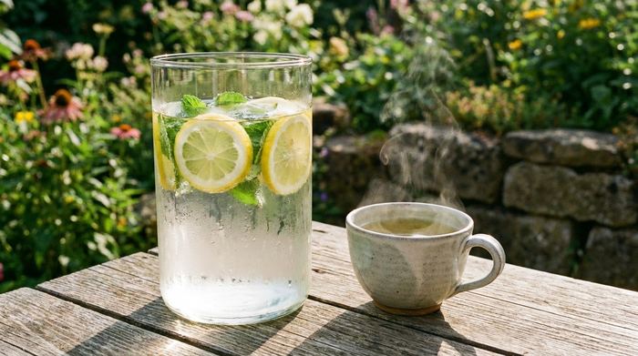 Ein großes, klares Glas Wasser mit frischen Zitronenscheiben und Minzblättern auf einem Gartentisch im Sommer. Daneben steht eine dampfende Tasse grüner Tee in sanftem Sonnenlicht.