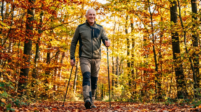 Ein aktiver älterer Herr geht an einem sonnigen Herbsttag zügig mit Walking-Stöcken durch einen bunten Wald. Er trägt sportliche, bequeme Kleidung und lächelt zufrieden.