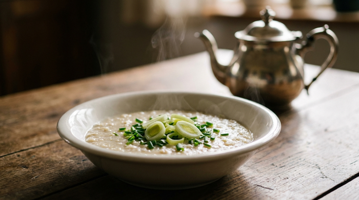 Eine warme Schüssel Porridge, schlicht zubereitet, garniert mit etwas frischem Schnittlauch und Lauchringen, stehend auf einem rustikalen Esstisch. Im Hintergrund steht unscharf eine elegante Teekanne.