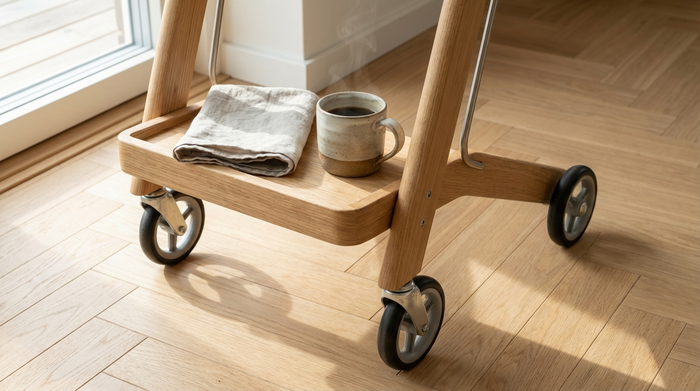 Nahaufnahme eines schmalen Wohnraumrollators mit kleinen, wendigen Rädern auf einem hellen Parkettboden. Auf dem integrierten Tablett steht eine Tasse Kaffee neben einem zusammengefalteten Handtuch.