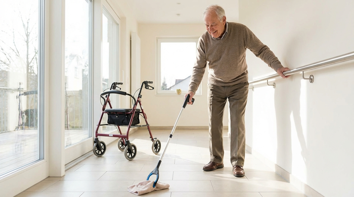 Ein älterer Herr nutzt eine praktische Greifzange, um ohne Bücken ein weiches Tuch vom sauberen Fliesenboden aufzuheben. Er stützt sich sicher ab, die Umgebung ist hell und barrierefrei.
