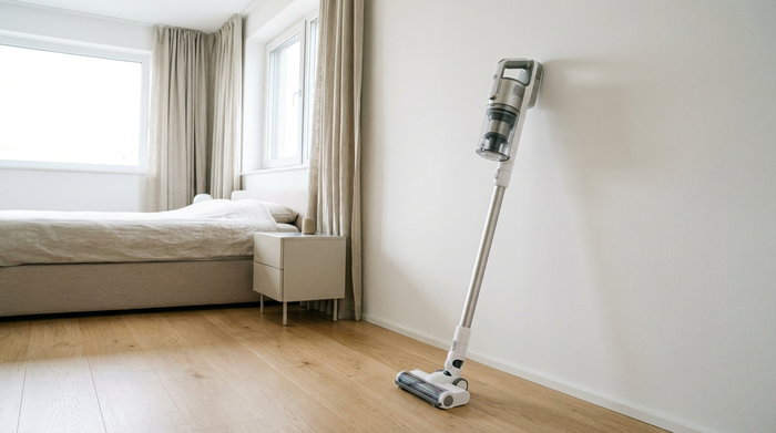 Ein moderner, leichter Akku-Staubsauger lehnt griffbereit an einer weißen Wand in einem aufgeräumten, hellen Schlafzimmer. Keine störenden Kabel sind auf dem glatten Holzboden zu sehen.
