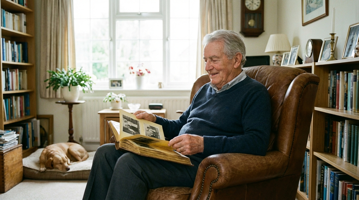 Ein älterer Herr mit grauem Haar sitzt entspannt in einem weichen Sessel und betrachtet friedlich ein altes Fotoalbum. Die Umgebung ist ein aufgeräumtes, wohnliches Zimmer mit weichem Tageslicht, das eine ruhige und sichere Stimmung vermittelt.