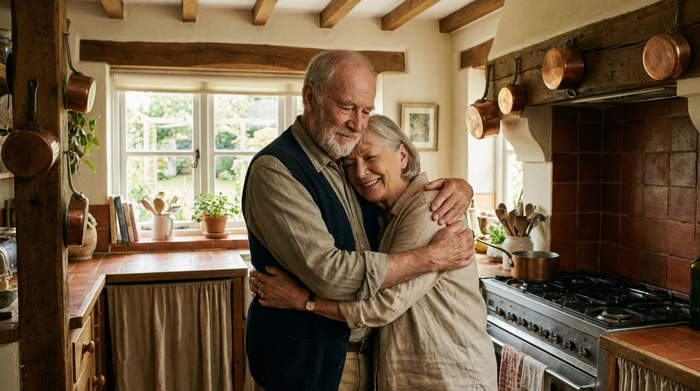 Eine liebevolle Umarmung zwischen einem älteren Mann und seiner pflegenden Ehefrau in einer hellen Küche. Beide strahlen tiefe emotionale Verbundenheit und gegenseitiges Verständnis aus. Warme, erdige Farben dominieren die harmonische Szene.