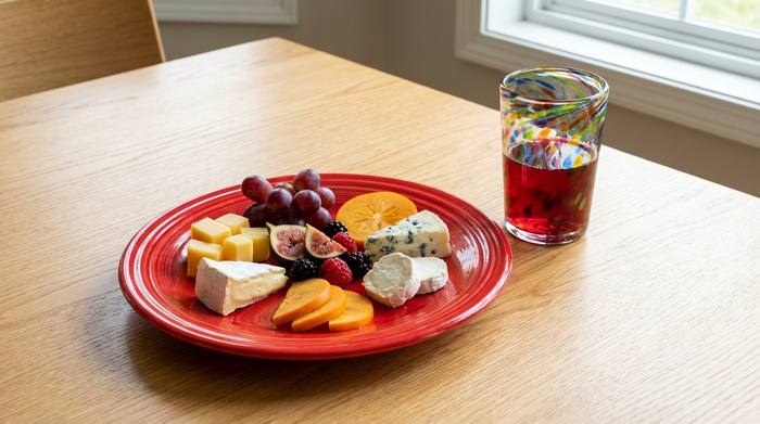 Ein schön gedeckter Esstisch mit einem leuchtend roten Teller, auf dem appetitlich angerichtete, mundgerechte Käsestücke und weiches Obst liegen. Ein farbiges Glas mit Saft steht daneben. Die klaren Kontraste heben sich gut von der hellen Holzoberfläche ab.