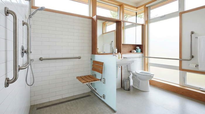 Ein modernes, helles und barrierefreies Badezimmer mit einer bodengleichen Dusche. Stabile, gut sichtbare Haltegriffe sind an der Wand angebracht. Ein bequemer Duschstuhl steht bereit. Alles wirkt sauber, sicher und einladend.