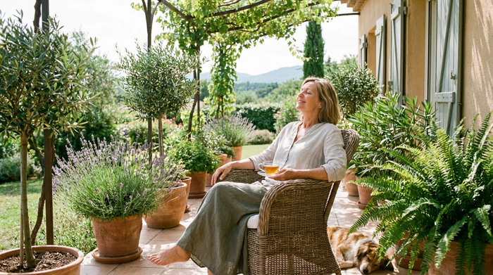 Eine entspannte Frau mittleren Alters sitzt bei einer Tasse Tee auf einer sonnigen Terrasse und atmet tief durch. Sie genießt einen ruhigen Moment für sich allein, umgeben von gepflegten, grünen Pflanzen.