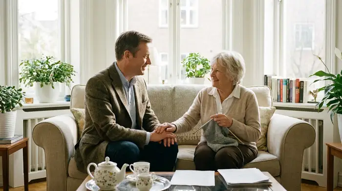 Ein sympathischer Gutachter sitzt gemeinsam mit einer älteren Dame im hellen Wohnzimmer auf dem Sofa. Beide lächeln sich verständnisvoll an, die Atmosphäre ist entspannt und vertrauensvoll.