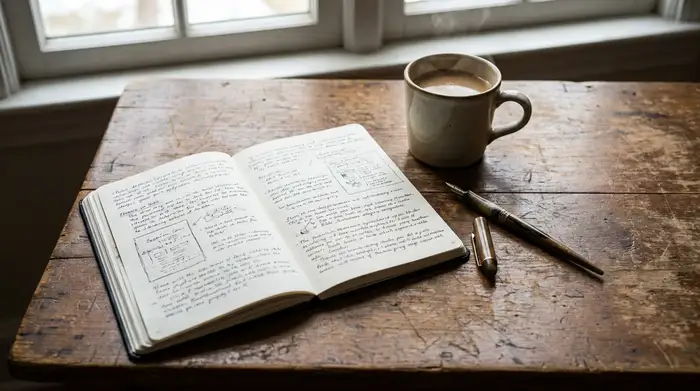 Ein ordentlich geführtes Notizbuch liegt aufgeschlagen auf einem rustikalen Holztisch, daneben stehen eine dampfende Tasse Kaffee und ein eleganter Kugelschreiber. Weiches Tageslicht beleuchtet die Szene.