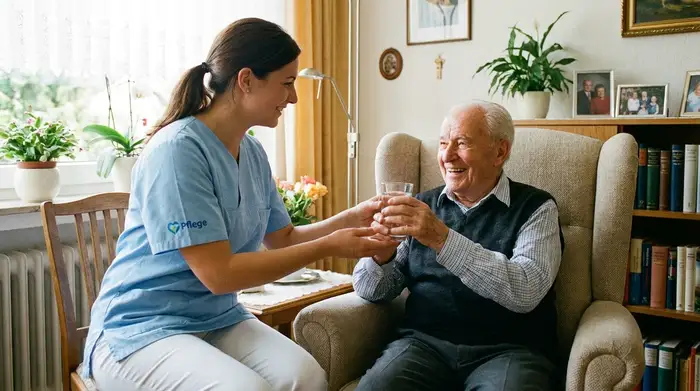 Eine professionelle, freundliche Pflegekraft in hellblauer Berufskleidung reicht einem älteren Patienten sanft ein Glas Wasser. Der Patient sitzt in einem Sessel und wirkt dankbar.