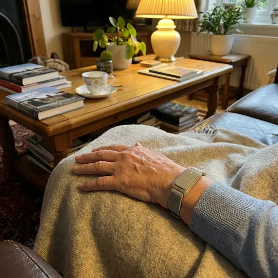 Ein moderner, unauffälliger Hausnotruf-Knopf am Handgelenk eines Senioren. Die Hand ruht entspannt auf einer weichen Sofadecke in einem gemütlich eingerichteten Wohnzimmer.