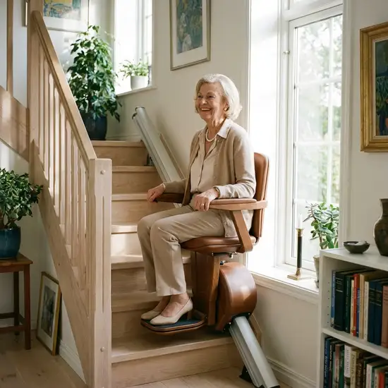 Eine elegant gekleidete ältere Frau fährt mit einem komfortablen Treppenlift mühelos und mit einem fröhlichen Lächeln eine helle Holztreppe in ihrem gepflegten Zuhause hinauf.