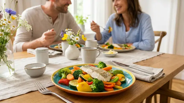 Ein bunter Teller mit frischem, gedünstetem Gemüse und magerem Fisch steht auf einem ansprechend gedeckten Esstisch. Im Hintergrund sieht man unscharf zwei Personen, die gemeinsam essen.